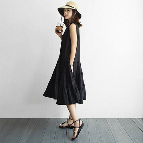 黒 ノースリーブ ティアード ワンピース フレア Aライン 春夏秋 フェミニン Occupation