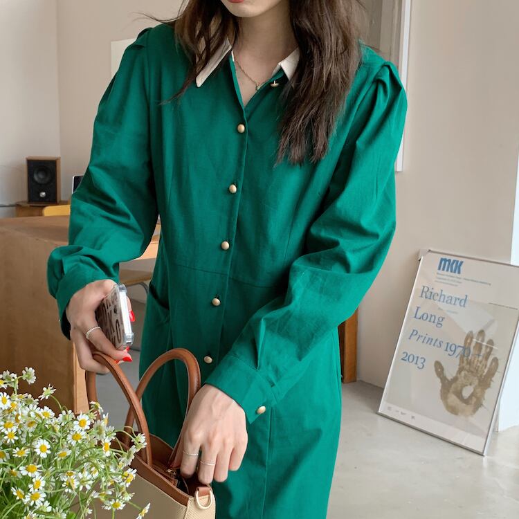 ロングドレス レディースオータムスタンダードカラー長袖スリーブシングルブレストルーズ薄手 レトロ 秋物 ビッグFスモールZ韓国224141299