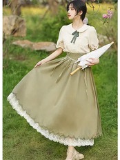 【0203】Retro Ribbon Lace Short Sleeve 2 Piece Set