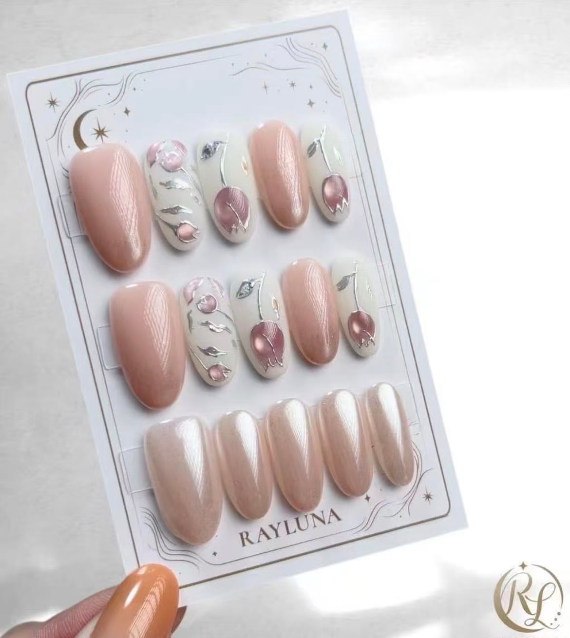 【#1079F】レイルナオリジナル 15枚入り/繰返し使える【プレミアム】ネイルチップ/ロング オーバル