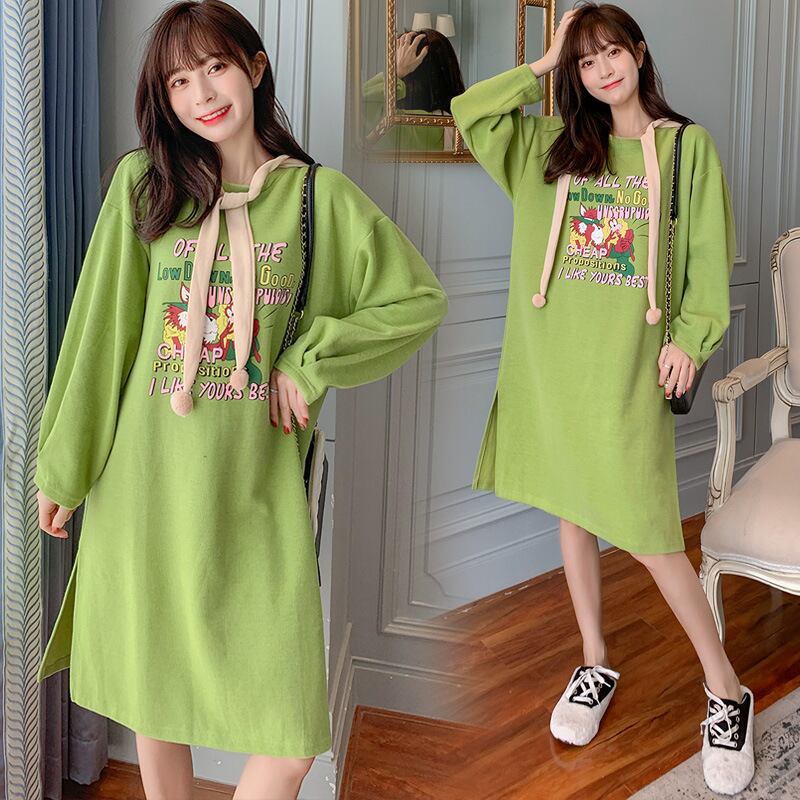 【新作】【送料無料】 マタニティドレス2019秋バージョンの新しい漫画プリントファーボールフード付きルーズミドル丈とラージサイズのマタニティドレス-アリババ 大きめサイズ オータム 秋物 expec258157319362