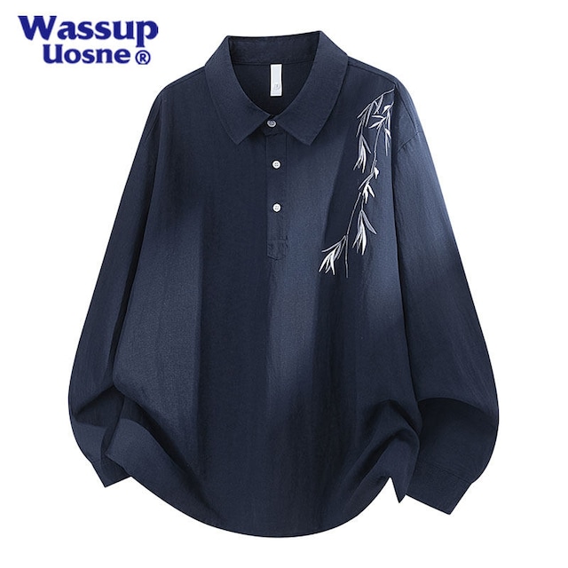 【WSシリーズ】★チャイナ風トップス★ 刺繍入り 3color ユニセックス POLOシャツ 長袖 大きいサイズ