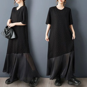 BLACK ROUND NECK HALF SLEEVES LONG MERMAID PULLOVER DRESS 1color M-16471