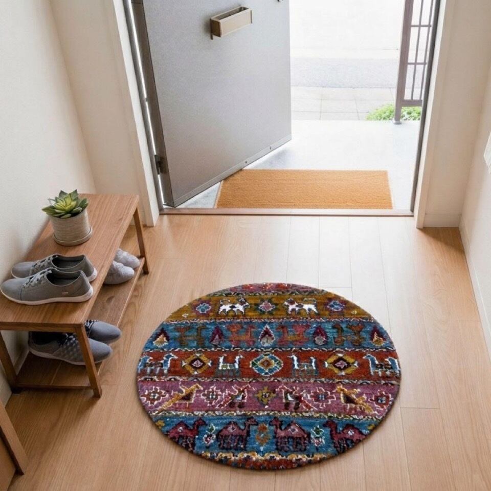 手織り ギャッベ 円形 本物 イラン産49cm チェアパッド玄関マット