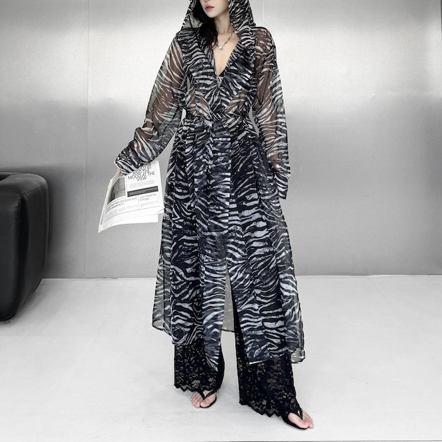 ZEBRA PRINT HOODED LONG SHEER TIE CHIFFON COAT M-17736