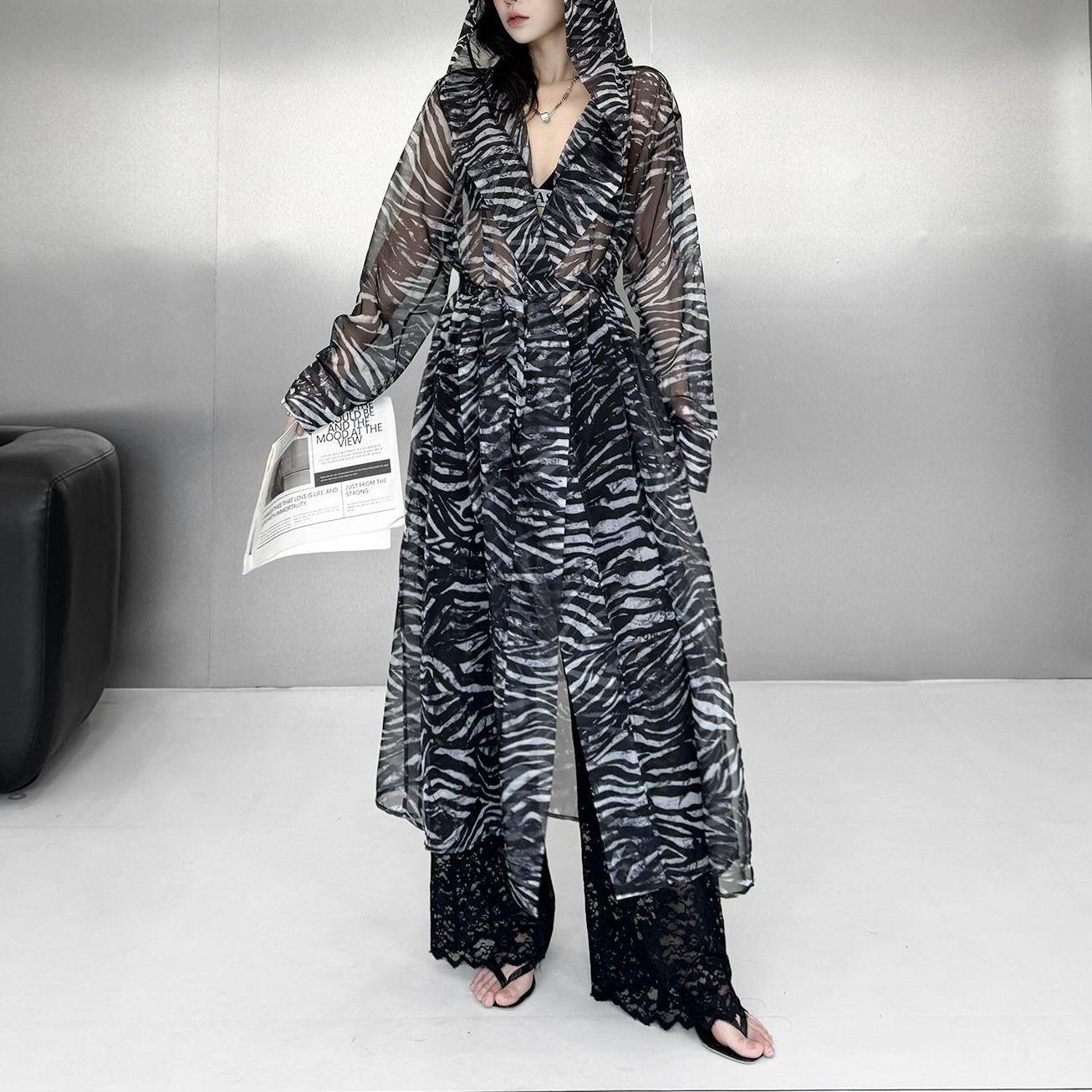ZEBRA PRINT HOODED LONG SHEER TIE CHIFFON COAT M-17736