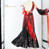 社交ダンス 衣装 THE ONE ザワン スタンダードドレス ドレス ワンピース フロート デモ 競技 ダンス スパンコール 赤 黒 フロート リボン ブラック系 レッド系 華やか 大人 女性用 輝き おしゃれ パーティー 競技用 ステージ衣装 ダンスパフォーマンス