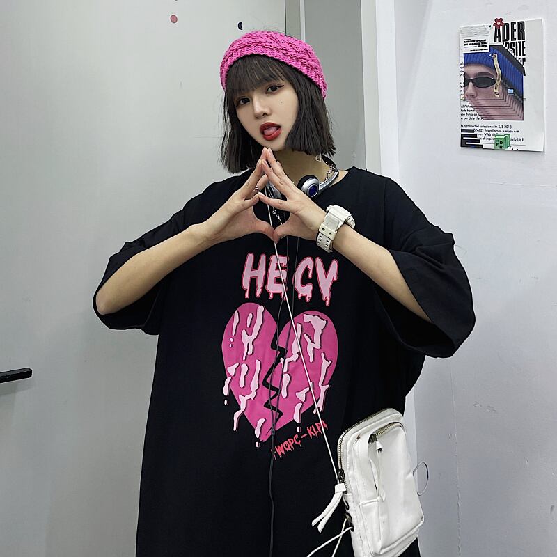 ロングカジュアルサマープリントTシャツ ルーズ 大きめサイズ 夏物 ケッペル87565507603