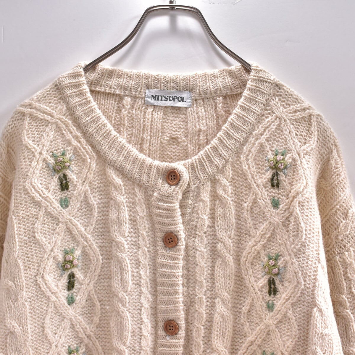 80~90s MITSUPUL お花刺繍デザイン フィッシャーマンニット カーディガン ジャパンヴィンテージ アランニット ビンテージ セーター レディースXL~XXL相当