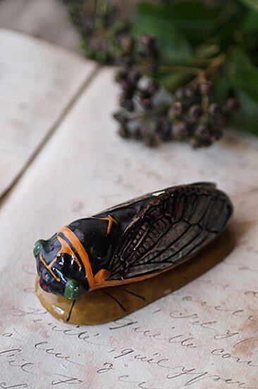 遠眼鏡 曇り空の羽を持つ蝉-porcelain cicada objet | アンティーク