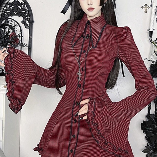 ダークゴシックチェックフレアスリーブワンピース（lli_6567）