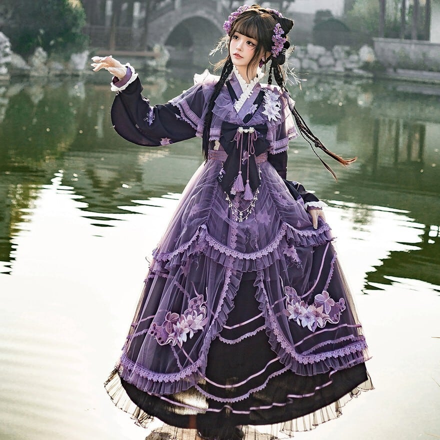 百合刺繍和ゴシックロリータ3点セット 着物風 黒×パープル | ゴスロリ