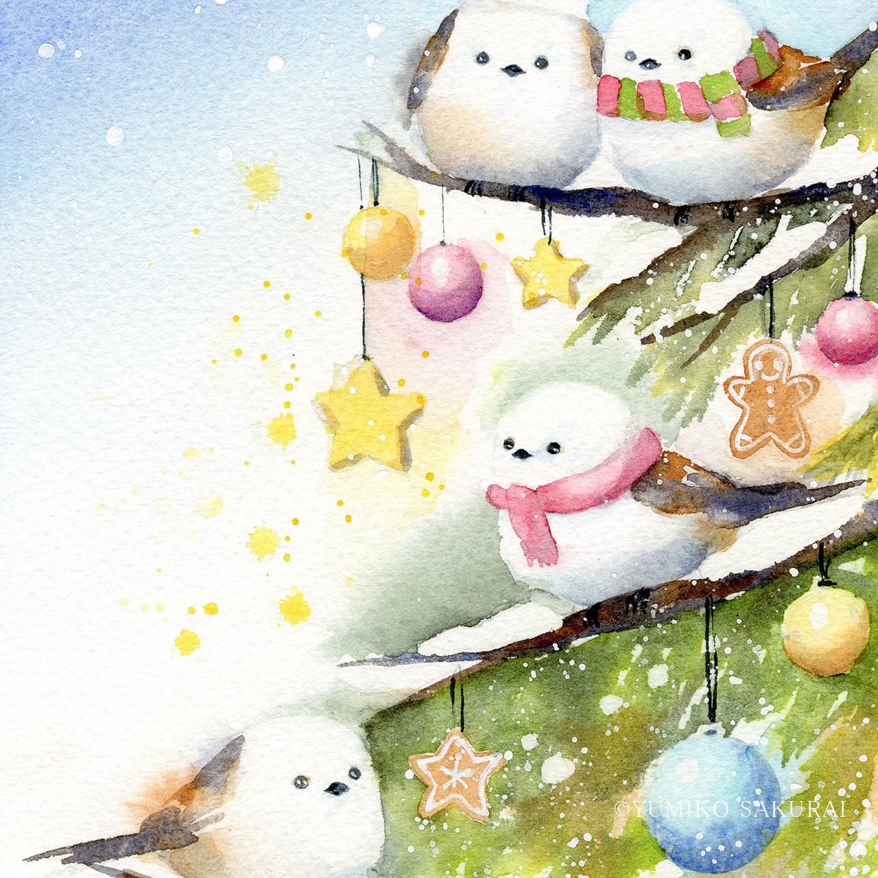 原画 『 まぁるい幸せ 』 水彩画 シマエナガの絵 | 幸せの水彩画