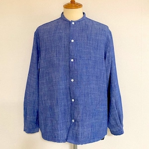 Cotton Linen Slab Chambray Band Collar Shirts Cardigan　Denim