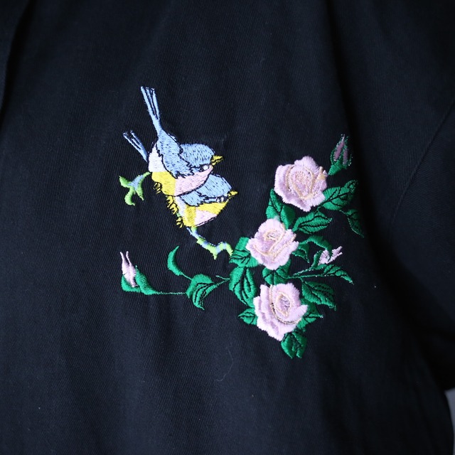 "刺繍" 鳥×花 front and back design black mode shirt