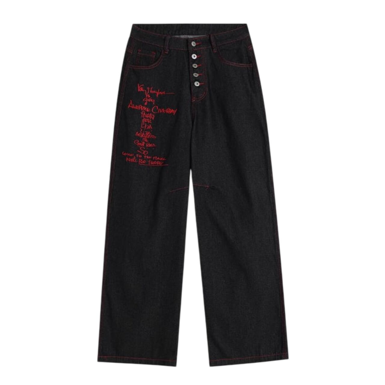 Embroidered Button Denim Pants 0001