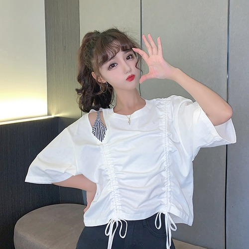 ✞ ギャザーレースラウンドネックショートTシャツ ステッチ ✞ゴスロリ SM ミリ 甘ロリ クラロリ 和ロリ エレガント 黒ロリ 姫ロリ 華ロリ BB-BB3963783