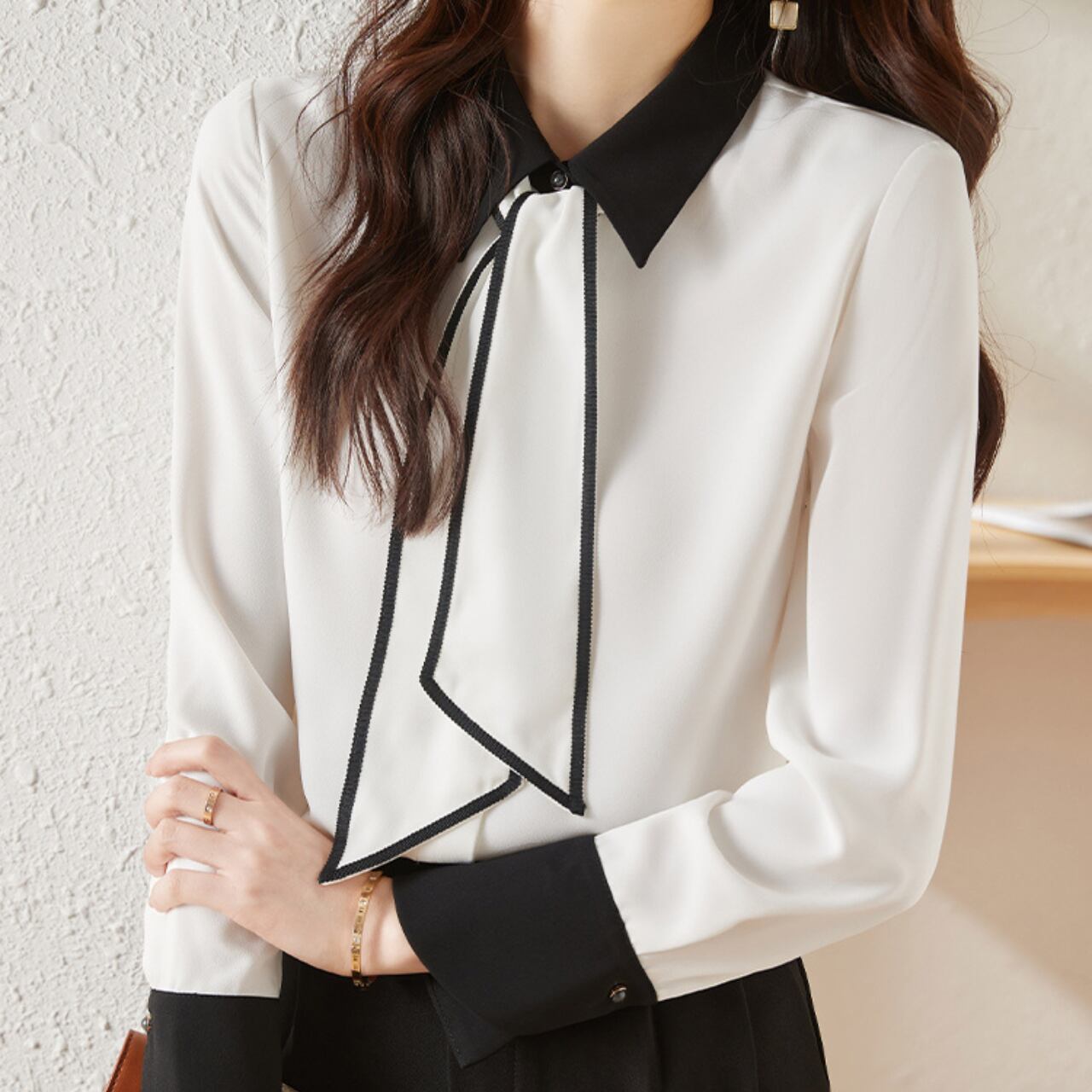 配色リボン シャツカラーブラウス JC0165