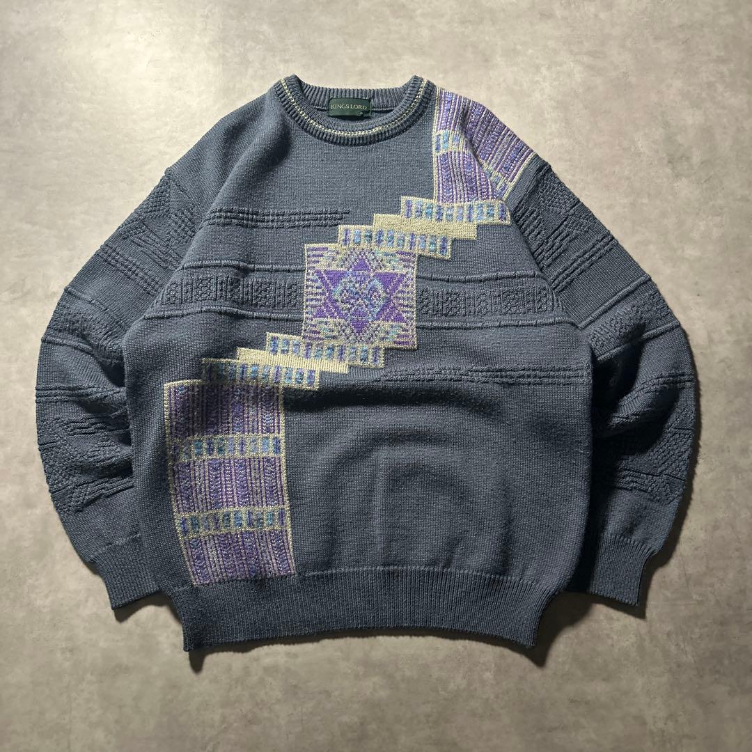 KINGS LORD ブルー ケーブル 幾何学 模様 レトロ ニット セーター