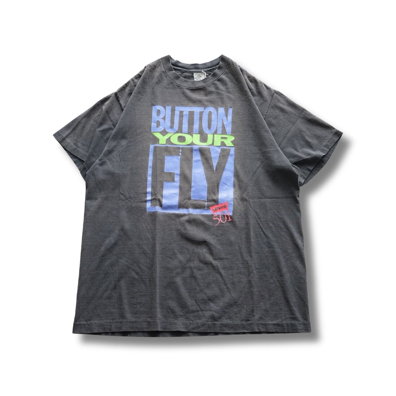 90s Levi's 501 "BUTTON YOUR FLY" プリントTシャツ(表記XL・実寸XL相当)|NA865