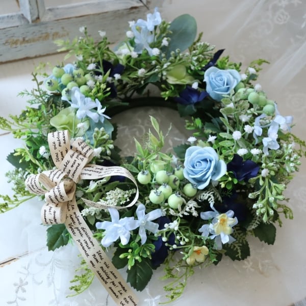 ブルーグリーンのリース ソープフラワー 玄関 ウェルカムスペース 母の