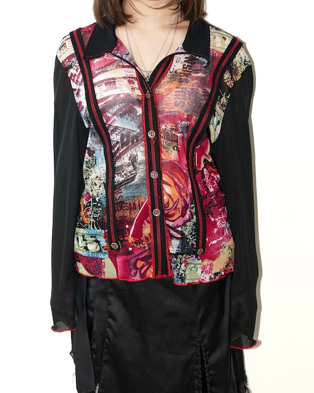 Vintage graphic design printed see-through second skin shirt