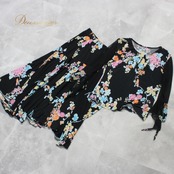 社交ダンス 衣装 スタンダード 上下セット ツーピース パーティ衣装 女性用 レディース オールシーズン 黒 水色 花柄 ブラック系 ピンク系 オレンジ系 ブルー系 大きめ 裾広がり 結婚式 2次会 フォーマル オフィシャル イベント 講習会 ステージ用