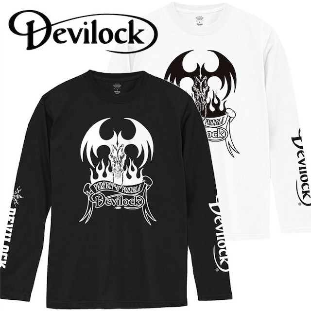 【10%OFF SALE】DEVILOCK / デビロック「BOTH LOGO FIRE TATTOO LST」ロンT 長袖Ｔシャツ 黒白 ブラック ホワイト デビル 悪魔 炎 両袖プリント ロゴ スカル ドクロ メンズレディース ハードコア パンクロック PUNKROCK メタル METAL バンド フェス ギフトラッピング無料 ステージ衣装 Rogia