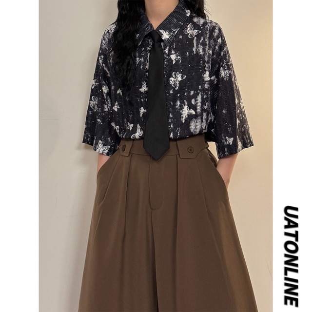 【UATONLINEシリーズ】★チャイナ風トップス★ 2color ネクタイ付き シャツ ユニセックス レトロ 半袖 蝶々