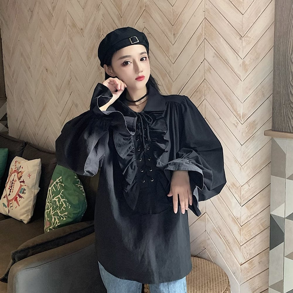 全2色 長袖ガーリーレースアップブラウス ホワイト ブラック 白 黒