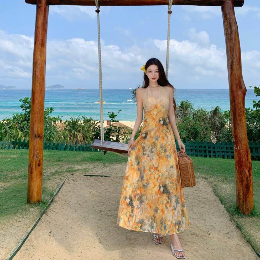 ロングドレスサンドレスホルターネック花柄チュールAライン着痩せ気質