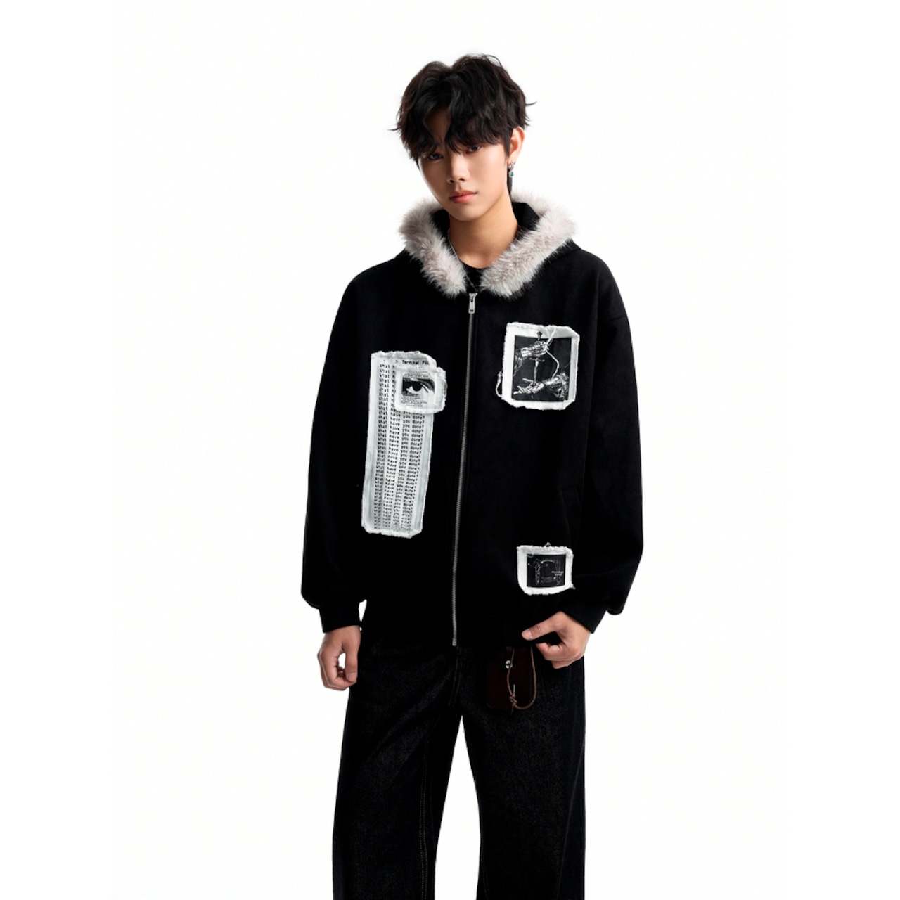 ストリート ファーカラーパッチプリント ジップパーカー T2021