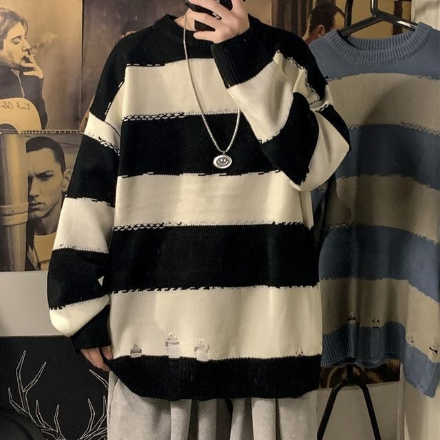 【予約販売】ニット ボーダー柄 ダメージ 古着風 メンズ ブラック ブルー セーター こなれ感 お洒落 韓国 トレンド 秋冬 M/L/XL/2XL/3XL