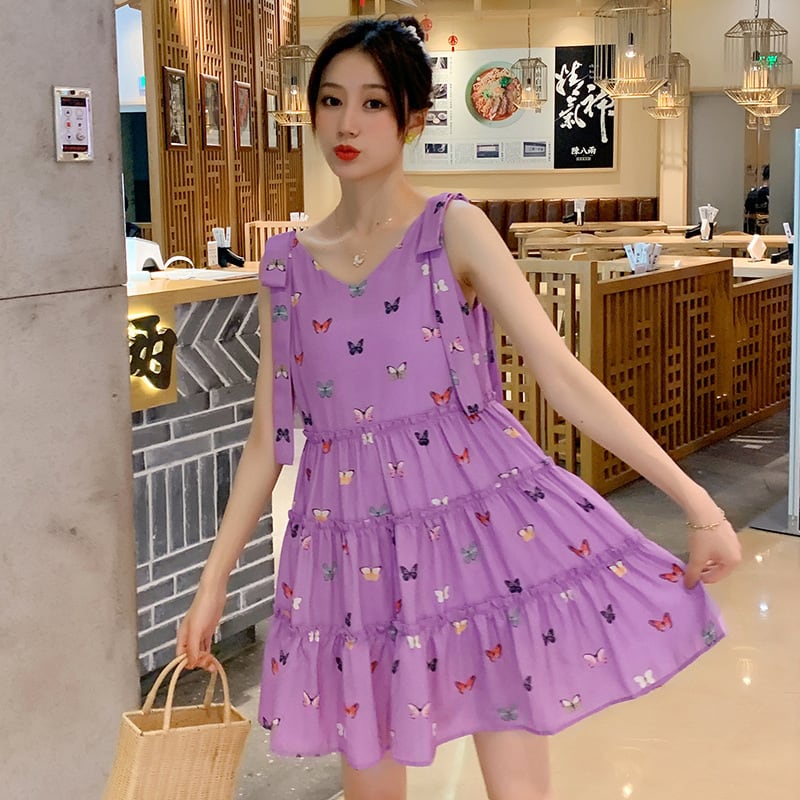 【新作】【送料無料】 マタニティウェア2020夏の新しいシフォンバタフライノースリーブドレス、トレンディな母親のミドル丈、年齢を減らすマタニティスカート サマー 夏物 expec282926232450