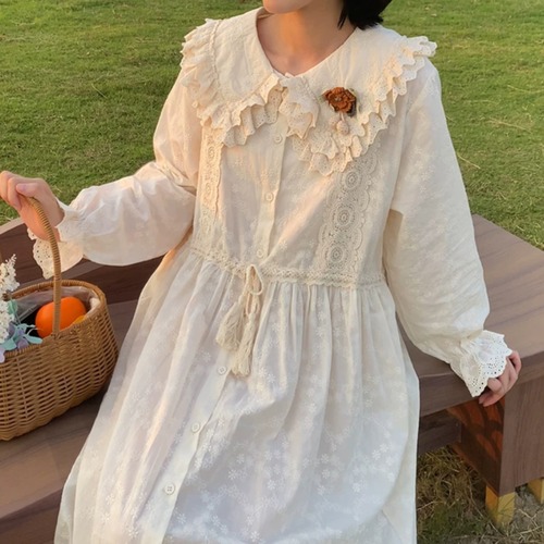 Wレースカラー花刺繍ロングワンピース ・12050