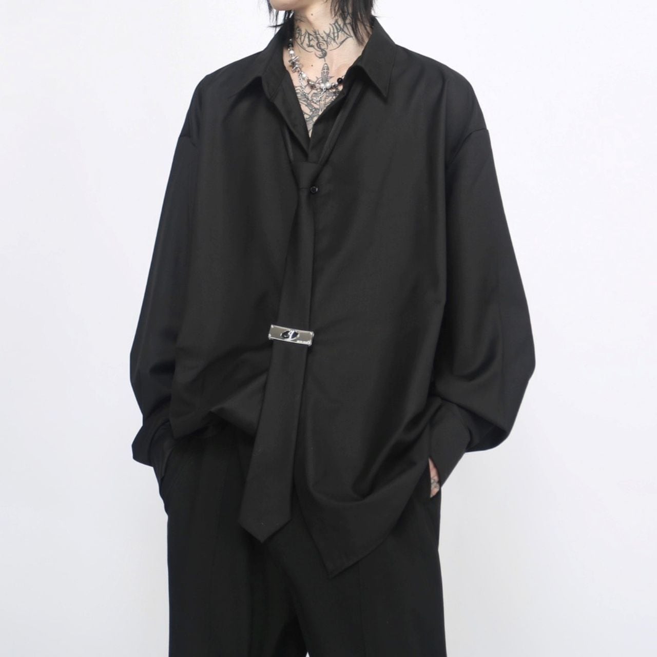 Plain long-sleeved shirt with tie(MT1275)