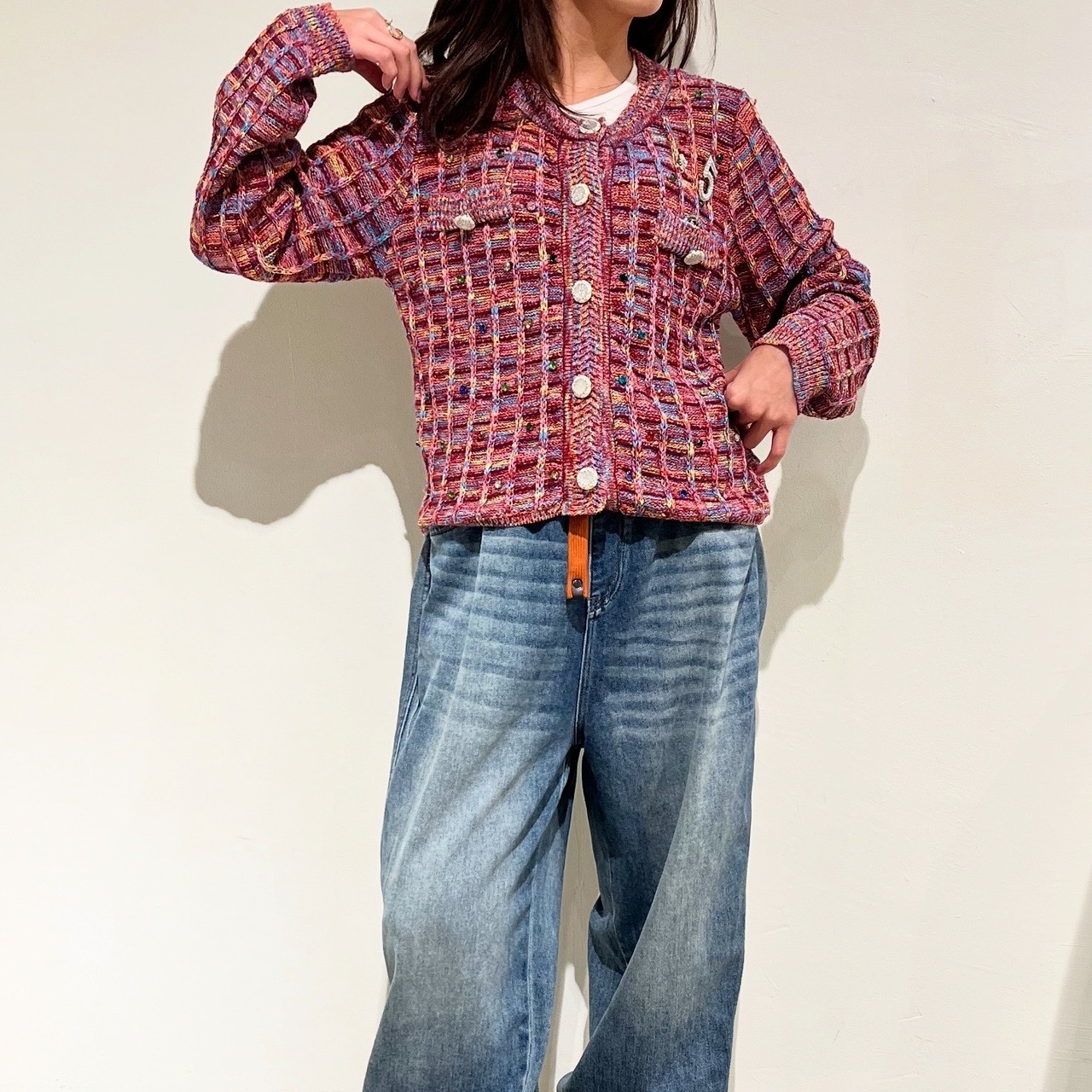 ポリーヌブロー   カラフルラインストーン付ニットカーディガン