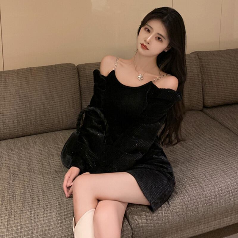 チェーン ストラップレスドレス オータムウェストスカート 秋物 ガールズファッション12522215018