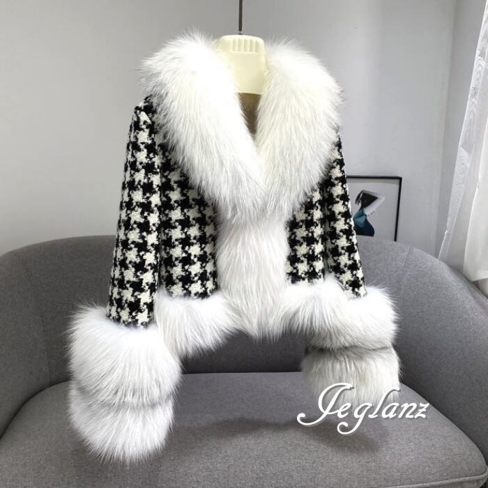 2色 ニット ショート コート 千鳥格子 ボリュームファー 高見え(MB214)τ