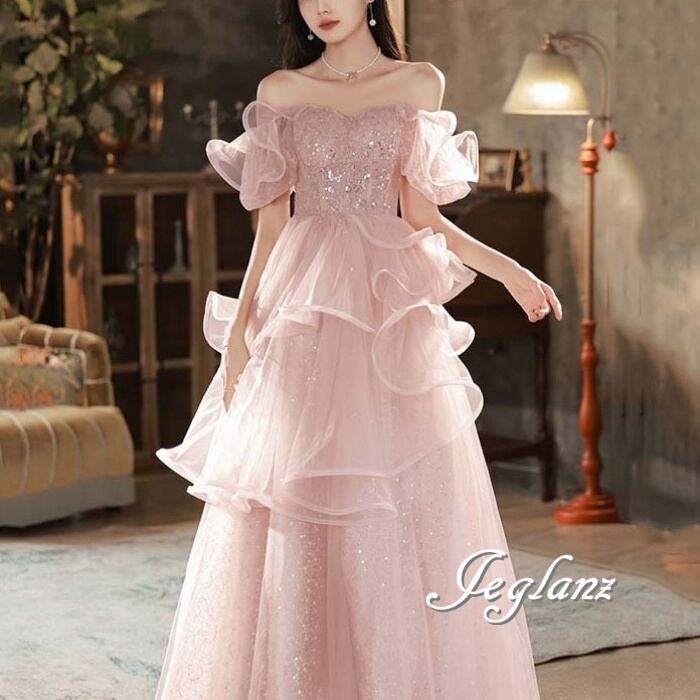 パーティ イブニングドレス ボリュームチュール レイヤード 編み上げ 光沢(M8983)ζ