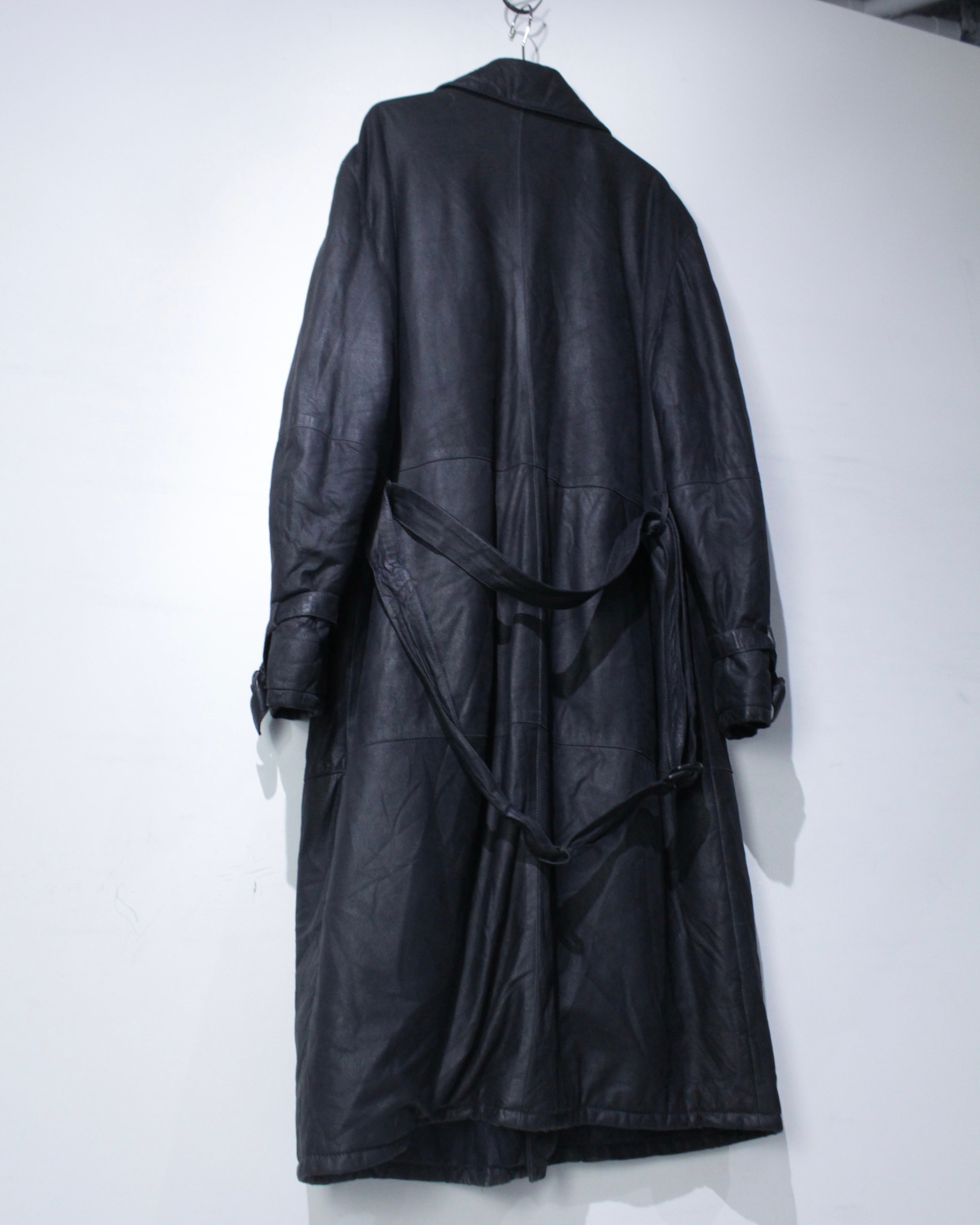 Caka BLACK】Minimal Black Vintage Long Leather Coat | Caka(カカ