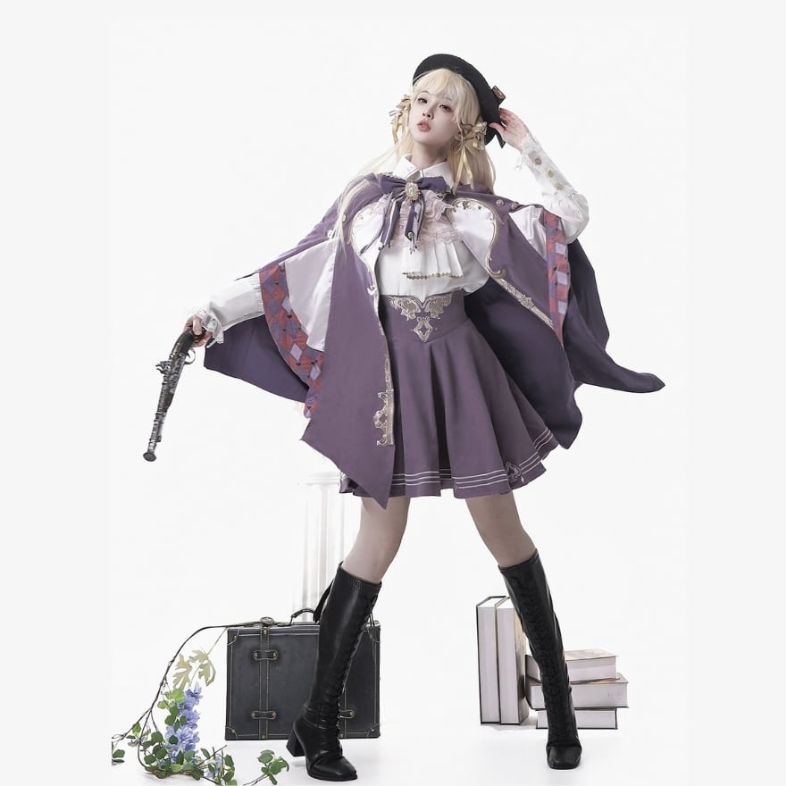 中華ロリィタ 王子風 セットアップ 3点セット マント 王子ブラウス フレアスカート パープル イベント衣装