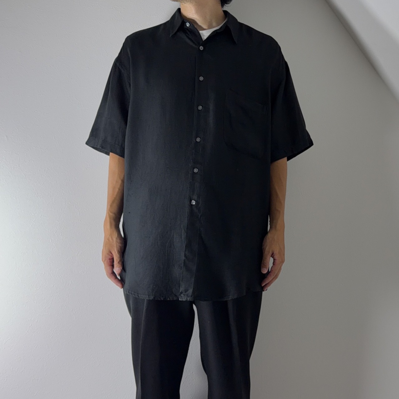 90s PERRY ELLIS Silk S/S shirt black [L] 古着 - 12