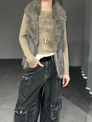 “reversible” fake mouton × shaggy fur vest / khaki