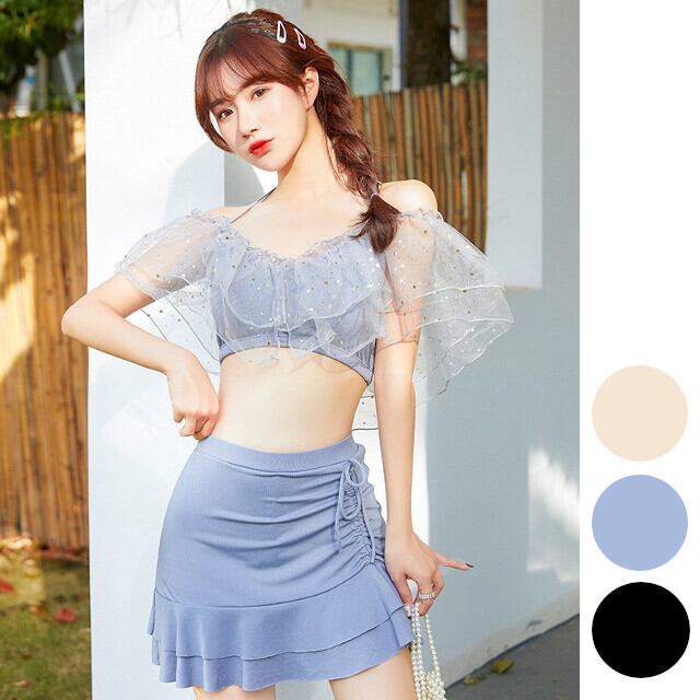 水着 タンキニ 可愛い 水着 レディース 体型カバー ホルターネック フレア レース 夜空 月 星 ブラック/ブルーグレー/ベージュ スイムウェア かわいい フェアリー ガーリー S/M/L/XL