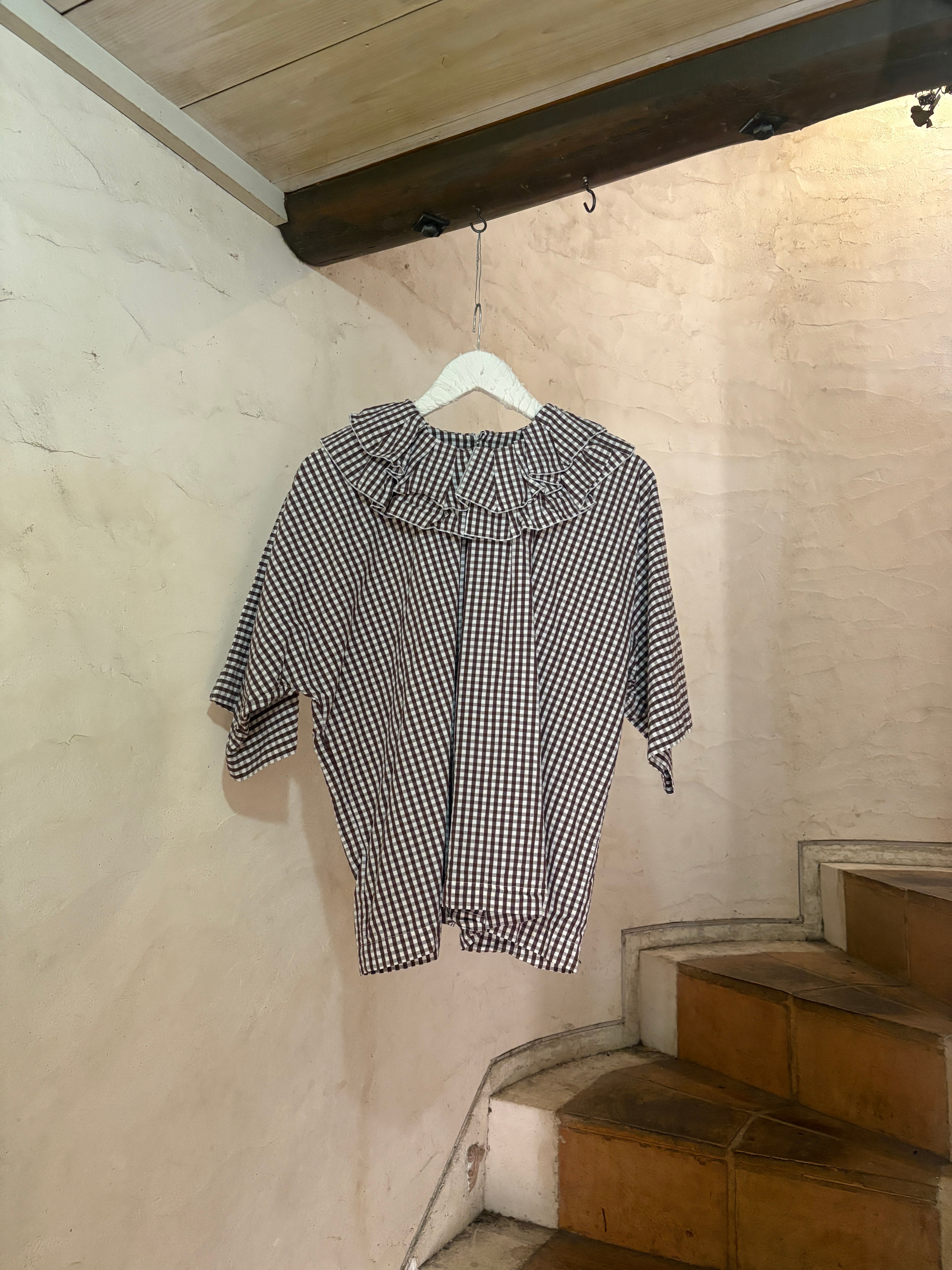 VERITECOEUR | TUCK FRILL PULLOVER-brown×ecru check