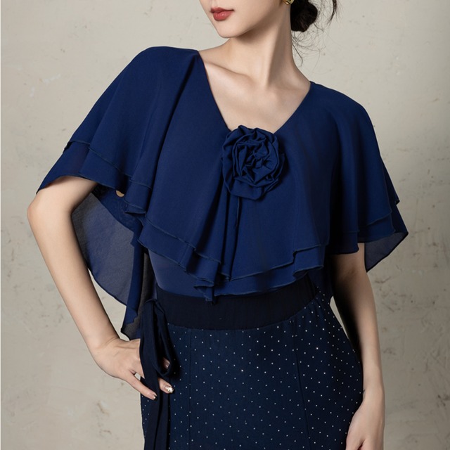 Vネック ローズモチーフ ケープ シフォン レオタード トップス 3col　D00431