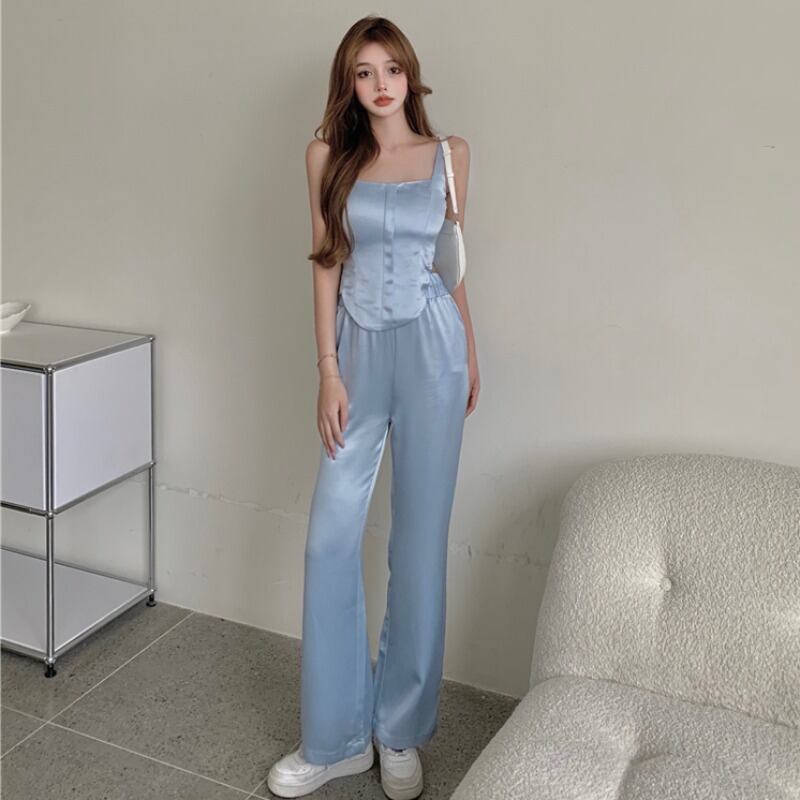 サマーウェストワイドレッグパンツ トップス レディース ストリート 大人ガーリー スウィート キュート カジュアル 夏物 ワイドパンツ ハンチェンe45016577292