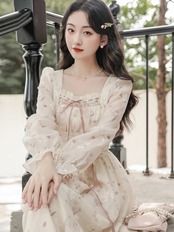 【0303】Flower High Waist Ribbon Long Sleeve Dress