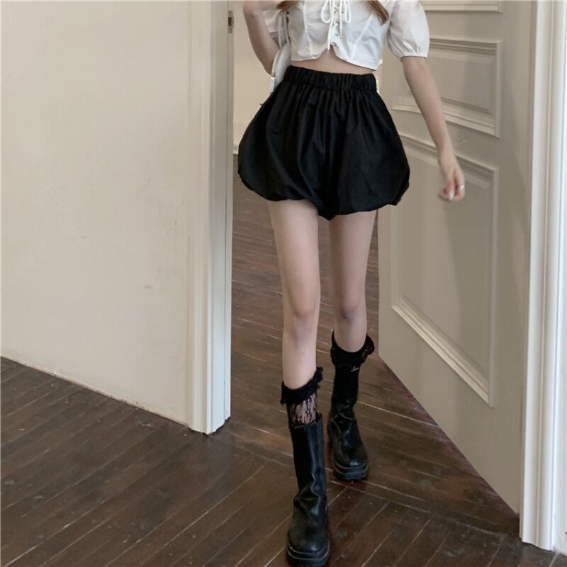 Flowerデザイン パンツ ハイウェストウェストスリムルーズブラックサマー薄手カジュアルショーツ 夏物 ブルマー シルク フラワーデザイン ブラックストロベリース78038497612